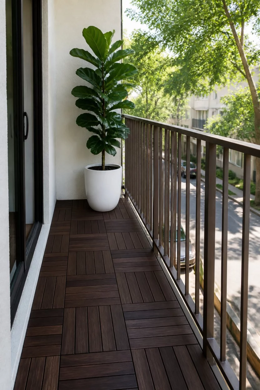 Dark Wood Interlocking Decking A realistic photo of a narrow balcony showing dark walnut interlocking wood deck tiles, a tall leafy fiddle leaf fig in a white pot, and vertical brown metal railings overlooking a quiet residential street with soft dappled sunlight filtering through trees.