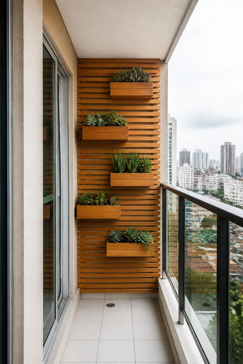 Succulent Wall And Clean White A realistic photo of a narrow urban balcony with simple white square floor tiles, a light wood slatted accent wall featuring mounted wooden planters with various green succulents, and a blurred city skyline view under a bright overcast sky.