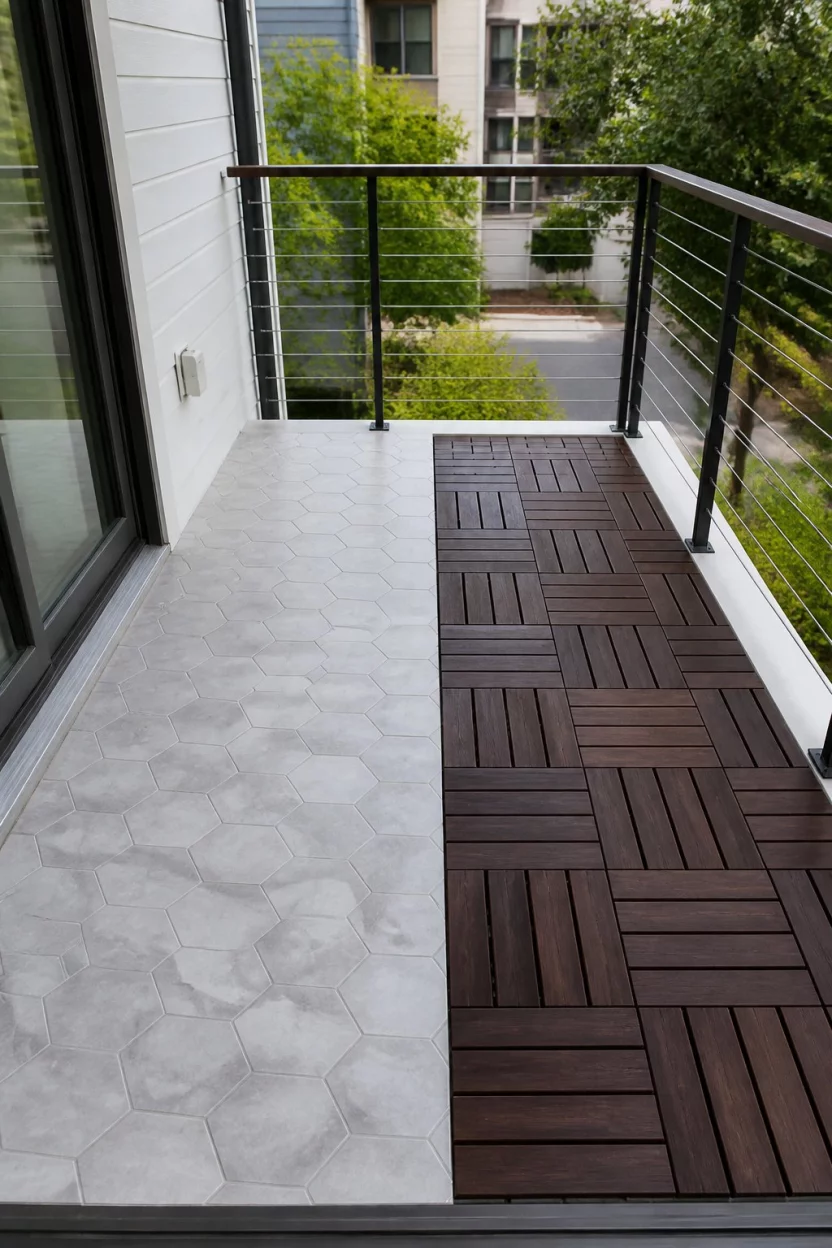 Creative Tile Makeover A realistic photo showing a comparison of two small balcony sections, one side featuring light grey hexagonal patterned tiles and the other side featuring dark stained wood interlocking slats with a simple wire railing.