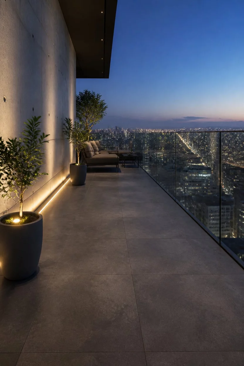Sleek Evening Concrete A realistic photo of a modern evening balcony with large format dark grey concrete tiles, a smooth concrete wall, subtle LED strip lighting along the base, and small potted plants overlooking a sprawling city with glowing lights at dusk.