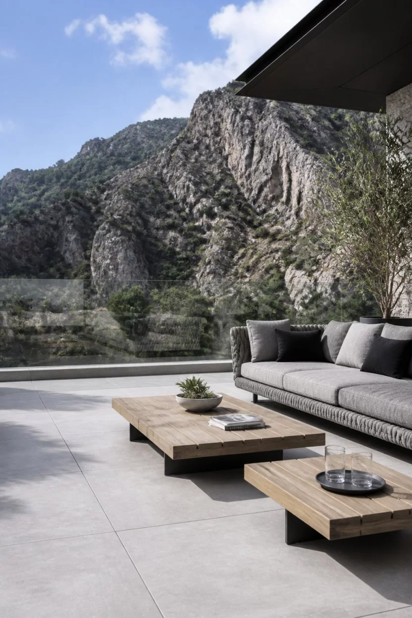 Contemporary Grey Lounge A realistic photo of a contemporary outdoor lounge area featuring light grey large-format tiles, low wooden coffee tables, a comfortable grey woven sofa, and a glass railing with a rugged rocky mountain landscape in the background.