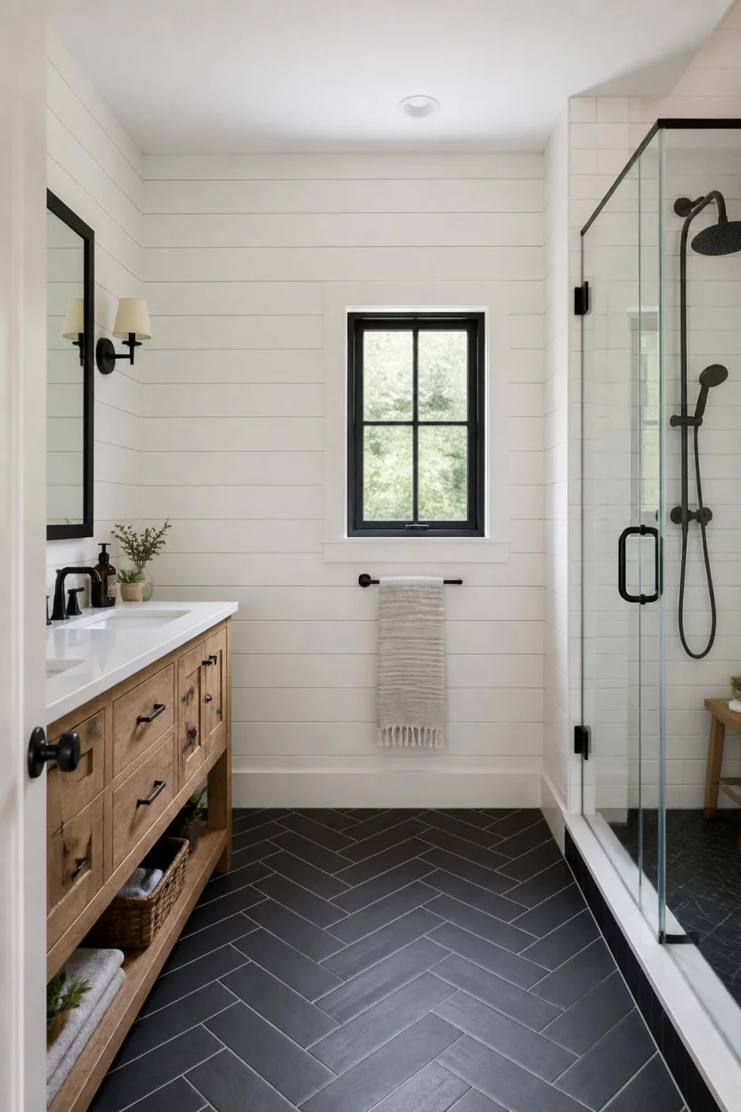 A realistic photo of a contemporary bathroom with white horizontal shiplap walls, dark charcoal floor tiles laid in a crisp herringbone pattern, and a rustic natural wood vanity with a white countertop.