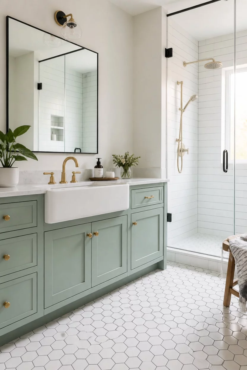 A realistic photo of a charming bathroom with pale seafoam green cabinetry, a large white farmhouse sink, white hexagon floor tiles with black grout, and a glass shower.