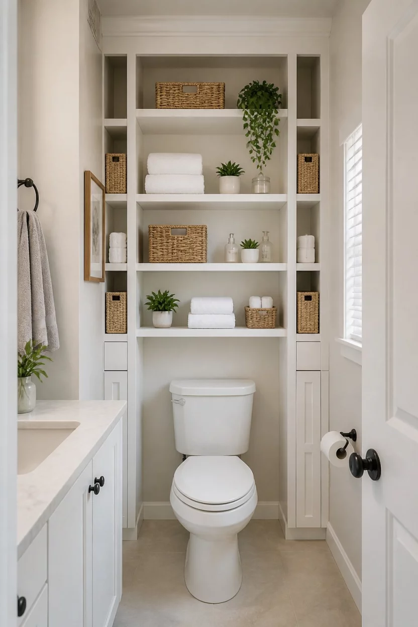 A realistic photo of a narrow bathroom with tall built-in white shelving units surrounding the toilet, featuring woven storage baskets, white towels, and small decorative plants for a clean look.