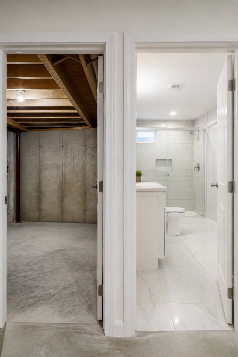 A realistic photo showing a side-by-side comparison of a raw concrete basement space next to a finished bright white tiled bathroom with a clean vanity and glass shower.