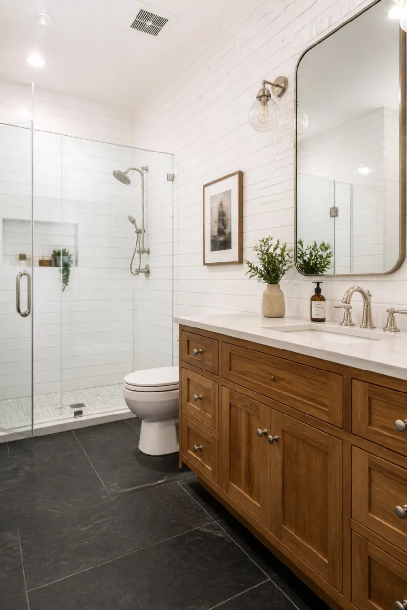 A realistic photo of a bright bathroom with white subway tile walls, dark slate-like floor tiles, a clear glass shower enclosure, and a warm wooden vanity with silver fixtures.