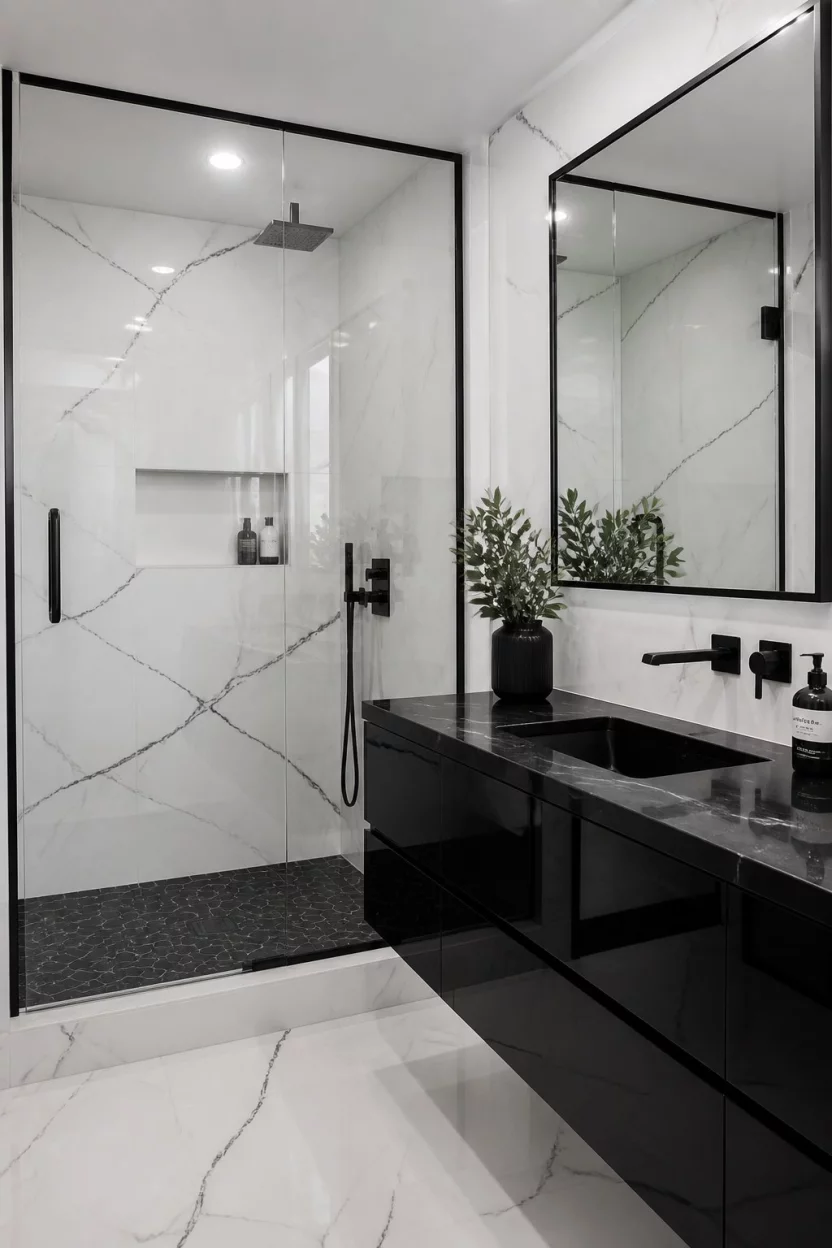 A realistic photo of a sleek bathroom dominated by white and black marble-look tile, featuring a glass shower enclosure and a contrasting glossy black floating vanity.
