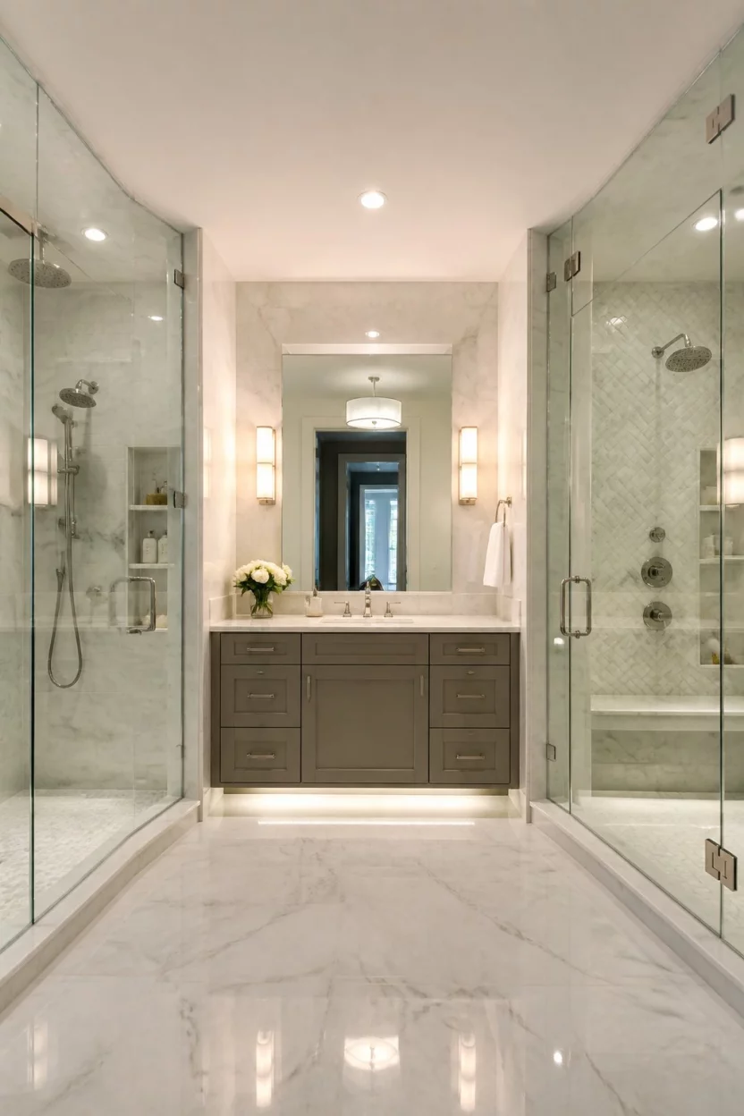 A realistic photo of a large luxurious bathroom showing two distinct modern shower areas separated by a central vanity area, featuring extensive light marble tiling throughout.