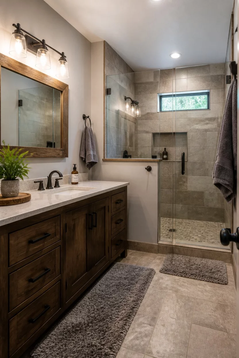 A realistic photo of a rustic modern bathroom with soft gray walls, a dark reclaimed wood vanity, stone-look tile in the shower, and plush gray bath mats on the floor.