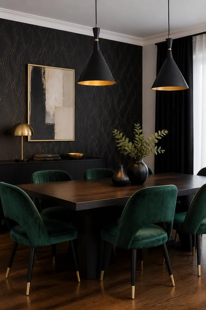 Moody Waves And Emerald Velvet A realistic photo of an elegant dining room with dark wavy patterned wallpaper, emerald green velvet chairs, and two black conical pendant lights over a dark dining table.
