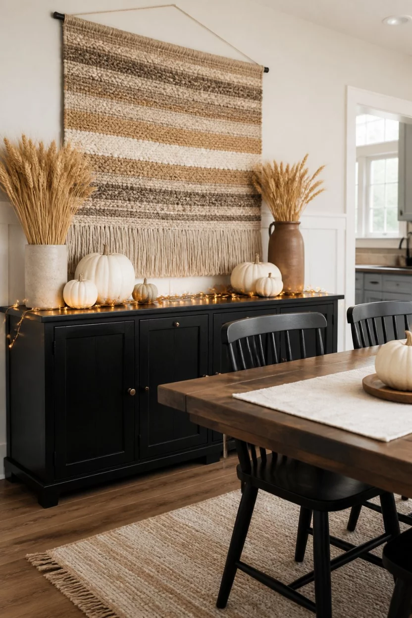 Autumn Glow With Dark Furniture A realistic photo of a bright dining space with a large black buffet, wheat sheaves, white pumpkins, string lights, and a large woven wall hanging above the furniture for an autumn theme.