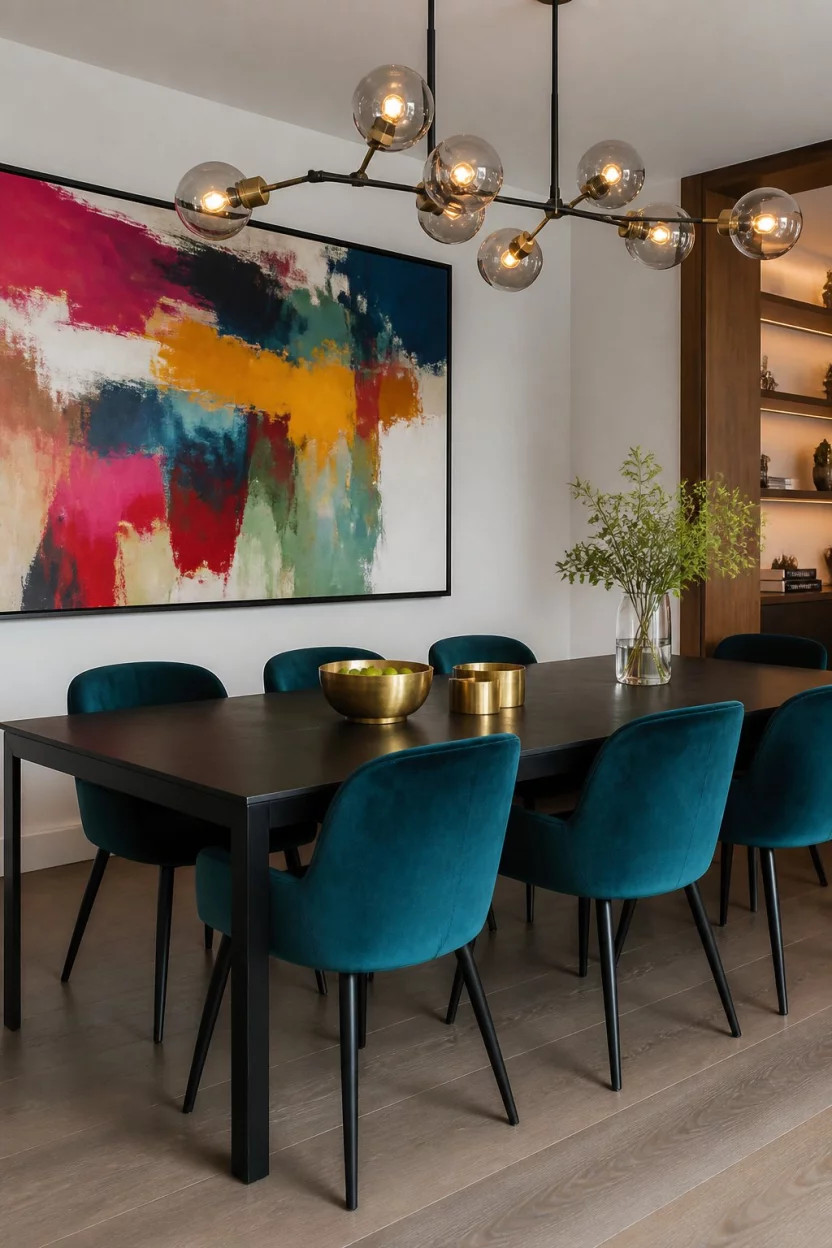 Pop Of Deep Teal And Abstract Art A realistic photo of a modern dining room with deep teal velvet chairs surrounding a black rectangular dining table, complemented by colorful abstract art on the wall and warm designer lighting fixtures overhead.
