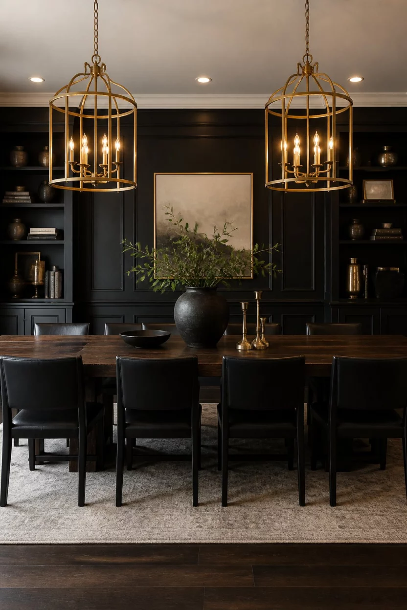 Grand Paneled Cages Of Light A realistic photo of a grand dining room with black paneled walls, two gold metal cage chandeliers, a rustic dark wood table, and matching dark chairs.