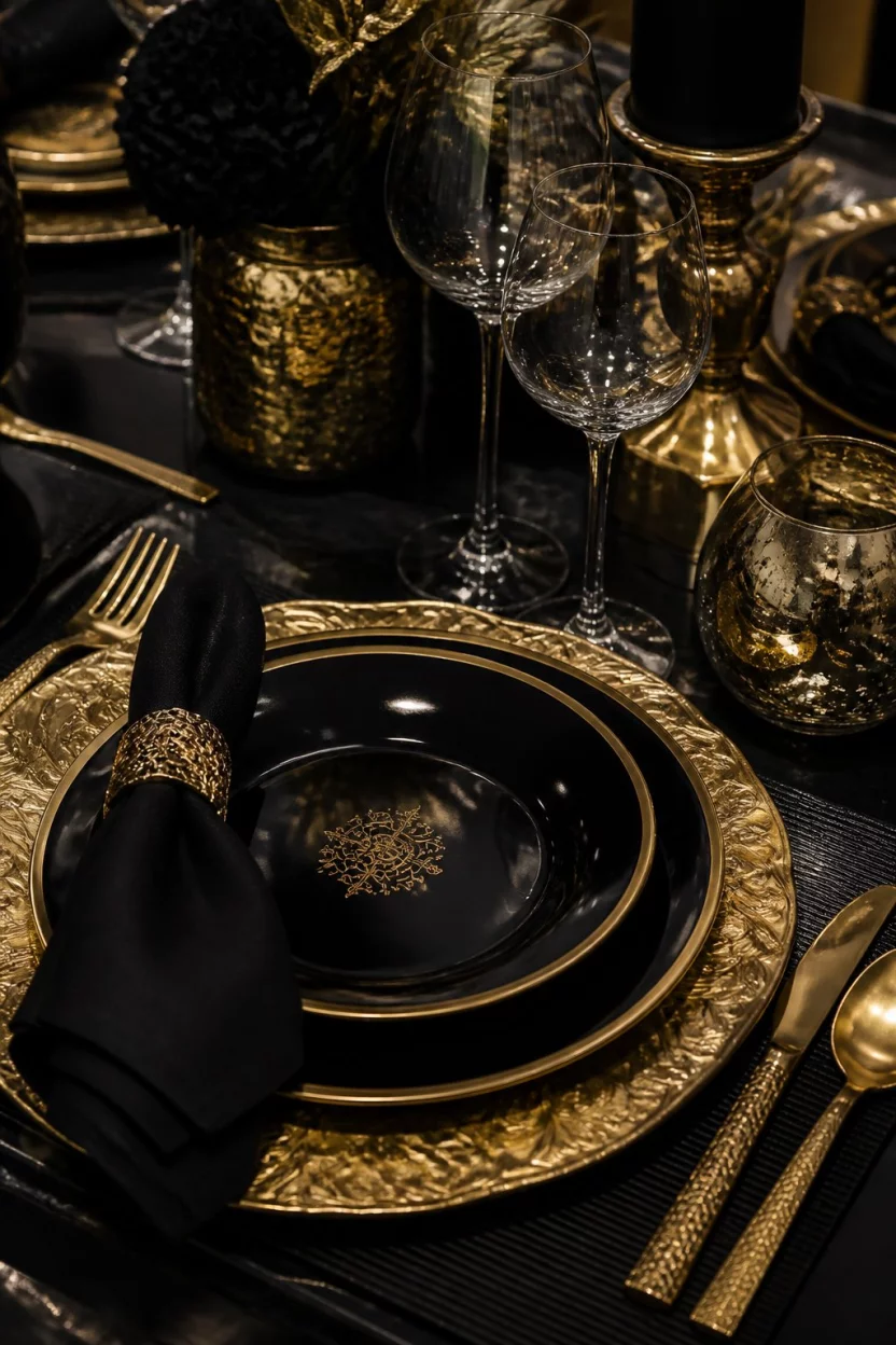 Go For The Gold At The Table A realistic photo of an opulent dining table setting with black and gold plates, ornate gold chargers, dark black napkins, wine glasses, and metallic gold decorative accents on a dark surface.