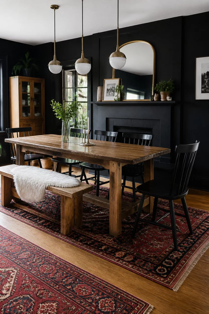 Cozy Eclectic Mix And Mismatch A realistic photo of an eclectic dining space with black walls, a rustic wooden dining table, mismatched black chairs, a wooden bench with a white sheepskin throw, and colorful rugs.