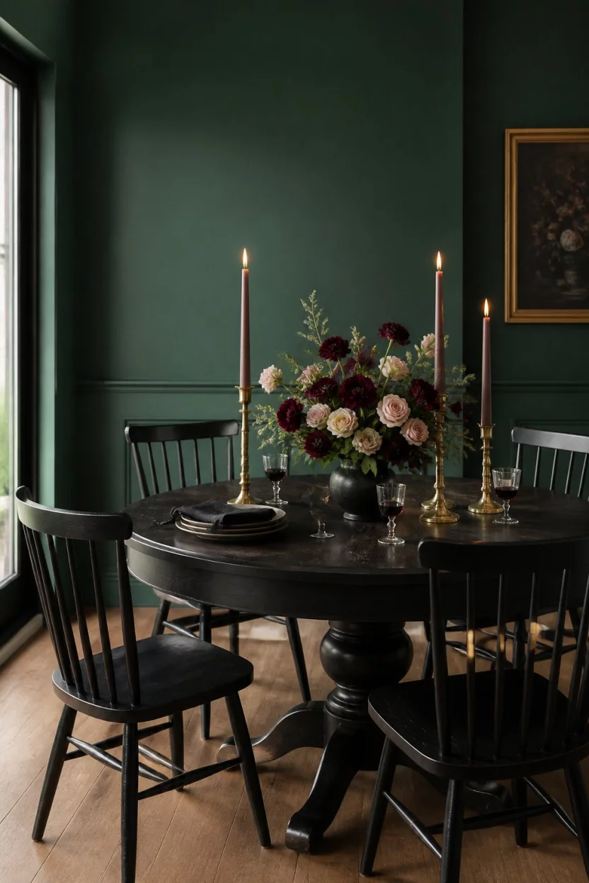 Deep Green Walls And Spindle Backs A realistic photo of a round dark dining table against deep forest green walls, featuring floral arrangements, brass candlesticks, and matching black spindle-back chairs.