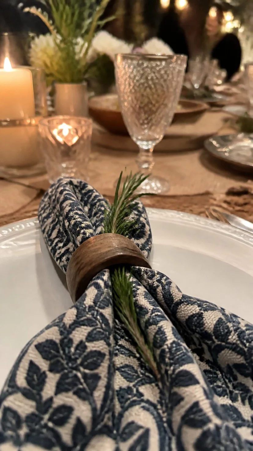 A super-realistic photo of a close up table setting featuring an indigo blue block print fabric napkin held by a simple wooden ring on a white plate, a sprig of fresh rosemary sits on the napkin, the background shows a blurry view of a candlelit dinner party, everyday social media post aesthetic, photorealistic, high-quality mobile photography, shot on an iPhone 14