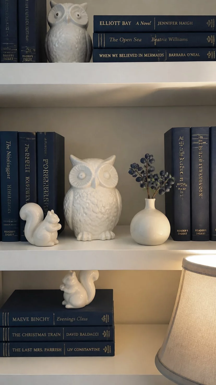 A super-realistic photo of a bookshelf where white ceramic owl figurines and small squirrels sit nestled between stacks of navy blue hardcover books, a small sprig of blue autumn berries rests in a tiny white bud vase, soft ambient light illuminates the shelf from a nearby lamp, everyday social media post aesthetic, photorealistic, high-quality mobile photography, shot on an iPhone 14