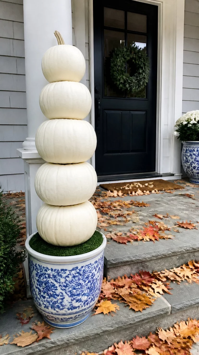 A super-realistic photo of a front porch featuring a tall topiary made of stacked white pumpkins inside a large blue and white ceramic planter, autumn leaves scatter across the gray stone steps, a black front door with a simple wreath is visible in the background, everyday social media post aesthetic, photorealistic, high-quality mobile photography, shot on an iPhone 14