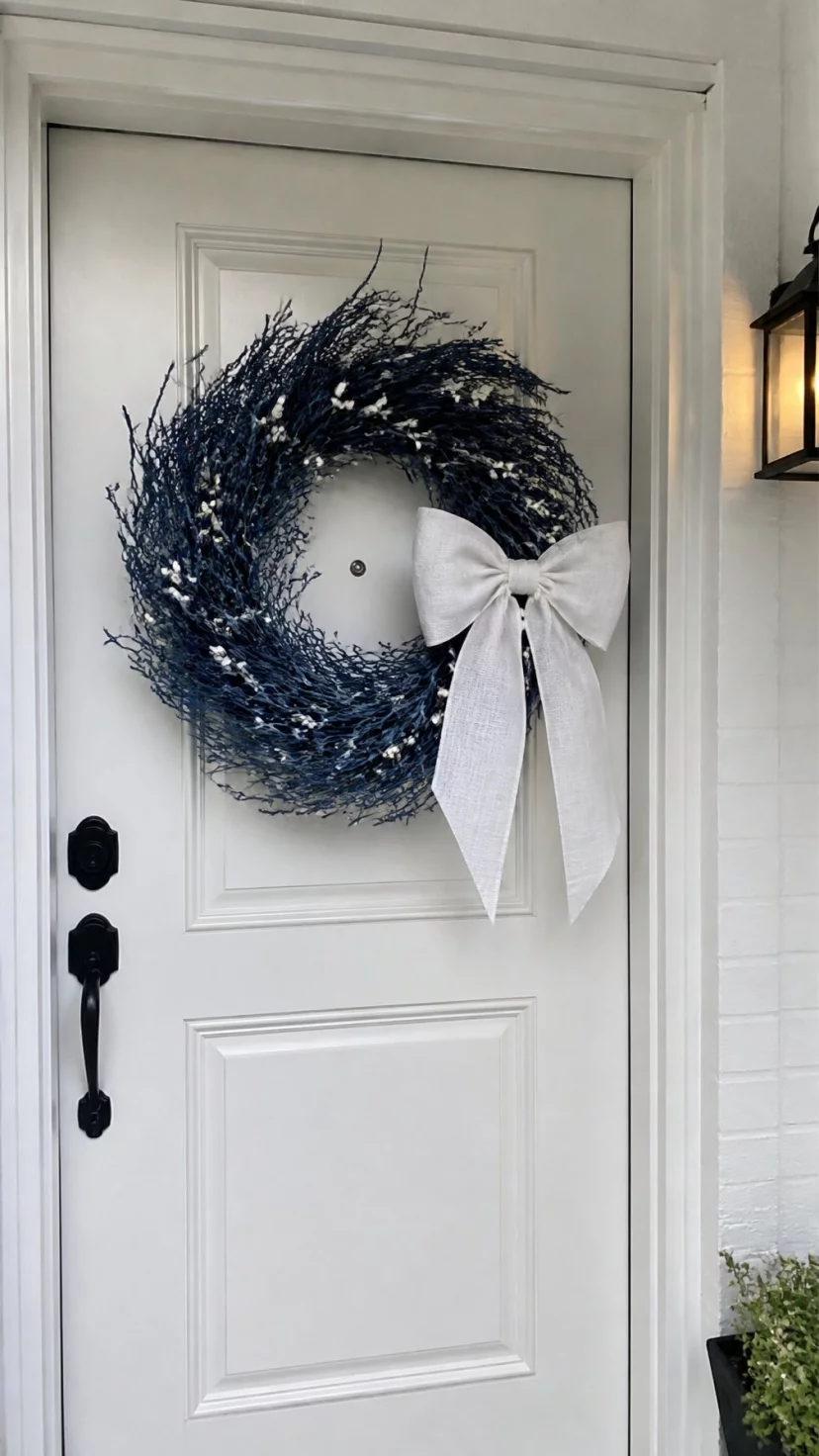 A super-realistic photo of a white painted front door featuring a dark navy blue grapevine wreath adorned with clusters of small white faux berries and a white linen bow, the door is framed by white trim and a small porch light glows to the side, everyday social media post aesthetic, photorealistic, high-quality mobile photography, shot on an iPhone 14