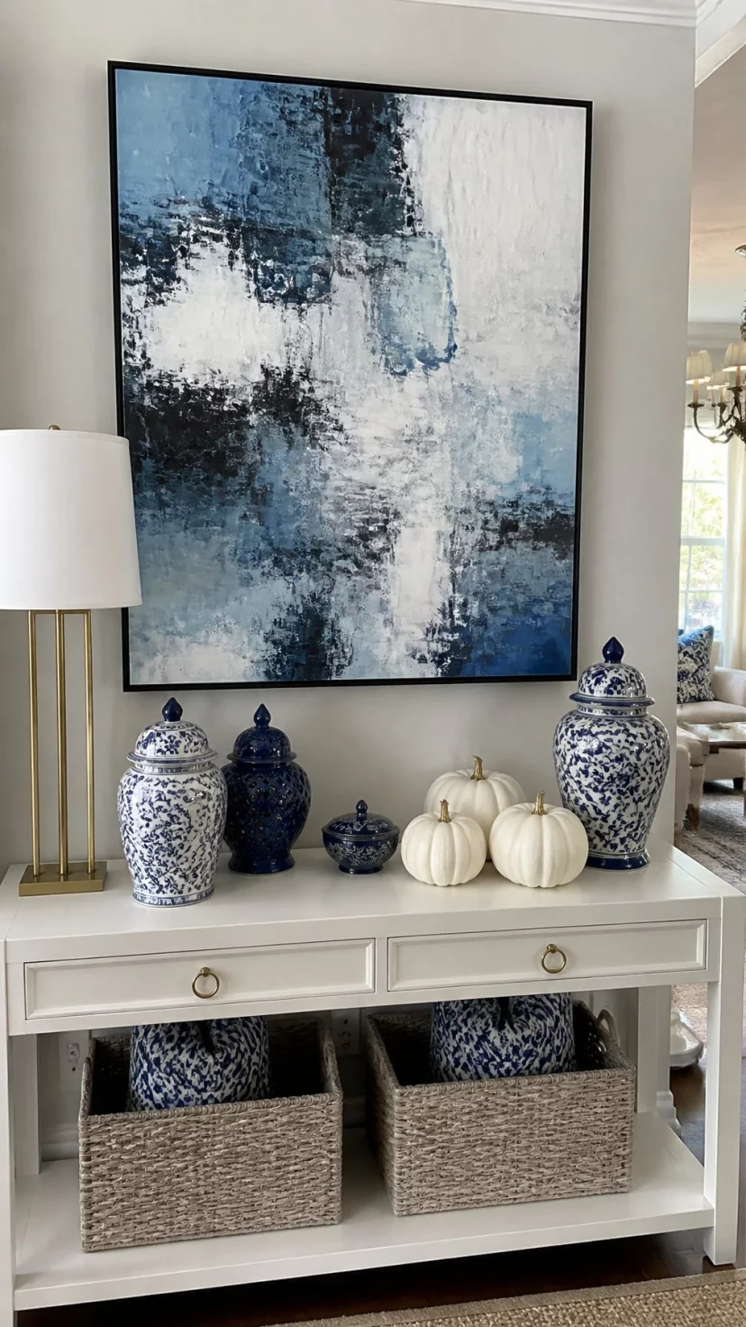A super-realistic photo of a living room wall featuring a large framed abstract painting in various shades of navy, cobalt, and white, the painting sits above a white console table decorated with blue ceramic jars and a few white pumpkins, a lamp with a white shade stands to the side, everyday social media post aesthetic, photorealistic, high-quality mobile photography, shot on an iPhone 14