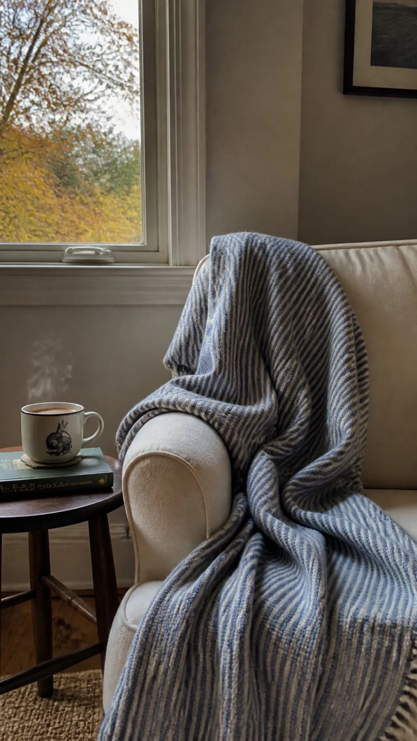 A super-realistic photo of a cozy reading nook with a white armchair draped in a blue and white ticking stripe wool blanket, a small wooden side table holds a steaming mug of tea and a vintage book, a window in the background shows trees with yellowing leaves, everyday social media post aesthetic, photorealistic, high-quality mobile photography, shot on an iPhone 14