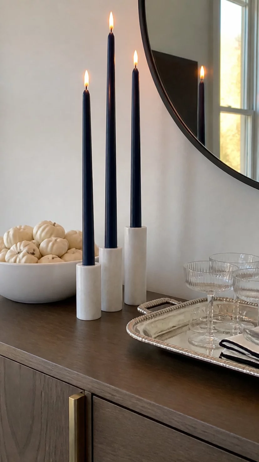 A super-realistic photo of a wooden sideboard with tall navy blue taper candles in sleek white marble holders, the candles are lit with a soft flickering flame, a bowl of white mini pumpkins sits nearby alongside a silver tray of glassware, everyday social media post aesthetic, photorealistic, high-quality mobile photography, shot on an iPhone 14