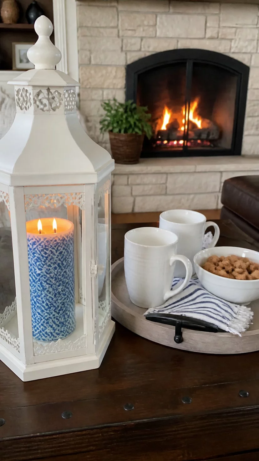 A super-realistic photo of a dark wood coffee table with a large white metal lantern containing a thick pillar candle with a blue and white Moroccan pattern, a tray with two white mugs and a small bowl of walnuts sits next to the lantern, the background shows a cozy fireplace, everyday social media post aesthetic, photorealistic, high-quality mobile photography, shot on an iPhone 14