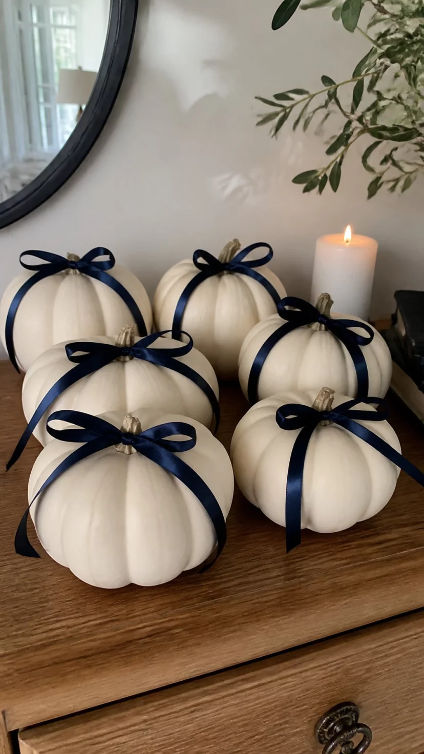 A super-realistic photo of a cluster of smooth white pumpkins on a wooden side table, each pumpkin is tied with a delicate navy blue silk ribbon in a loose bow, a small white candle burns in the background, the scene is bathed in soft morning light, everyday social media post aesthetic, photorealistic, high-quality mobile photography, shot on an iPhone 14
