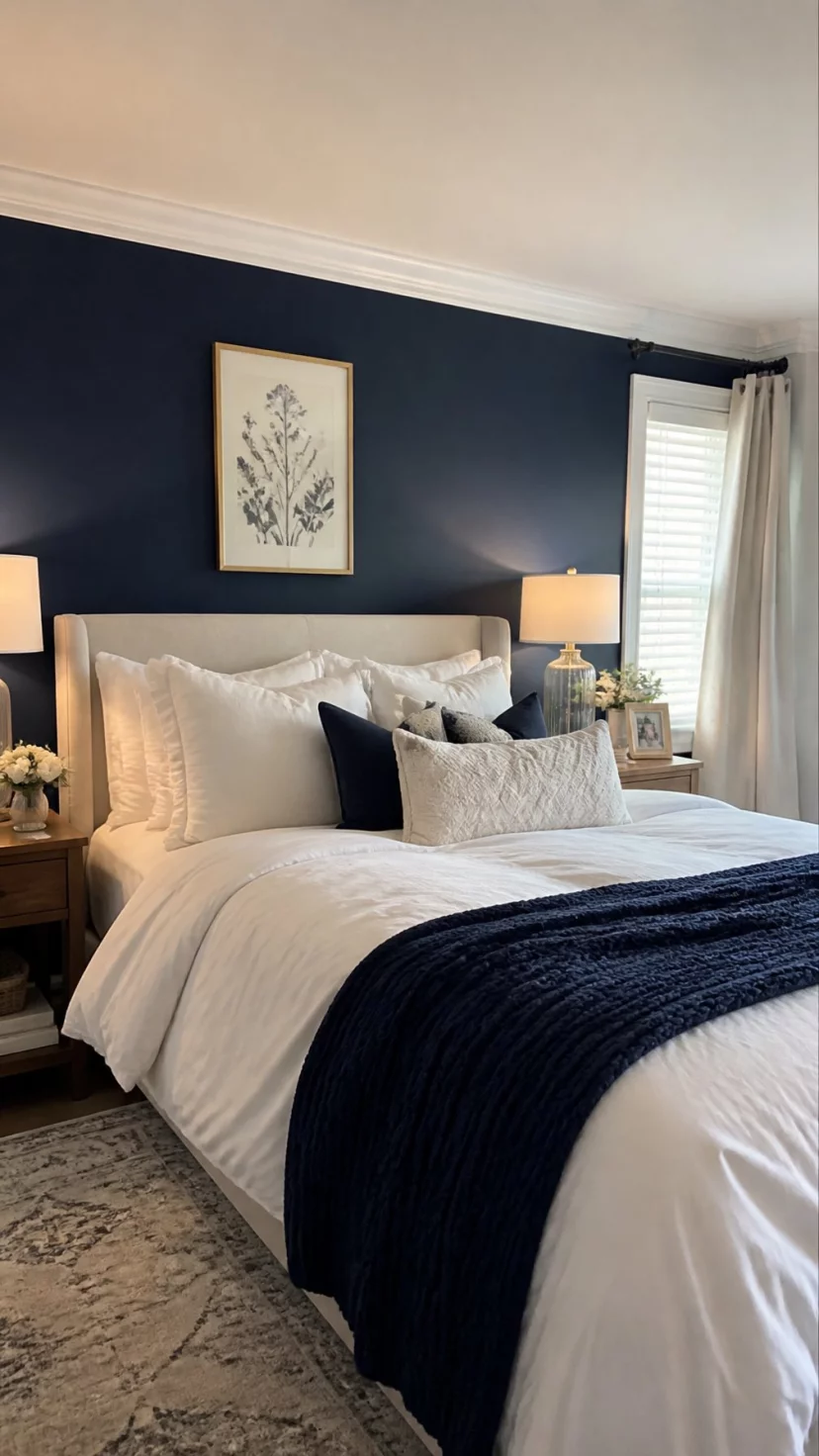 A super-realistic photo of a bedroom featuring a deep navy blue accent wall with crisp white crown moulding and baseboards, a bed with white bedding and a navy blue knit throw sits against the wall, a framed botanical print hangs above the headboard, everyday social media post aesthetic, photorealistic, high-quality mobile photography, shot on an iPhone 14