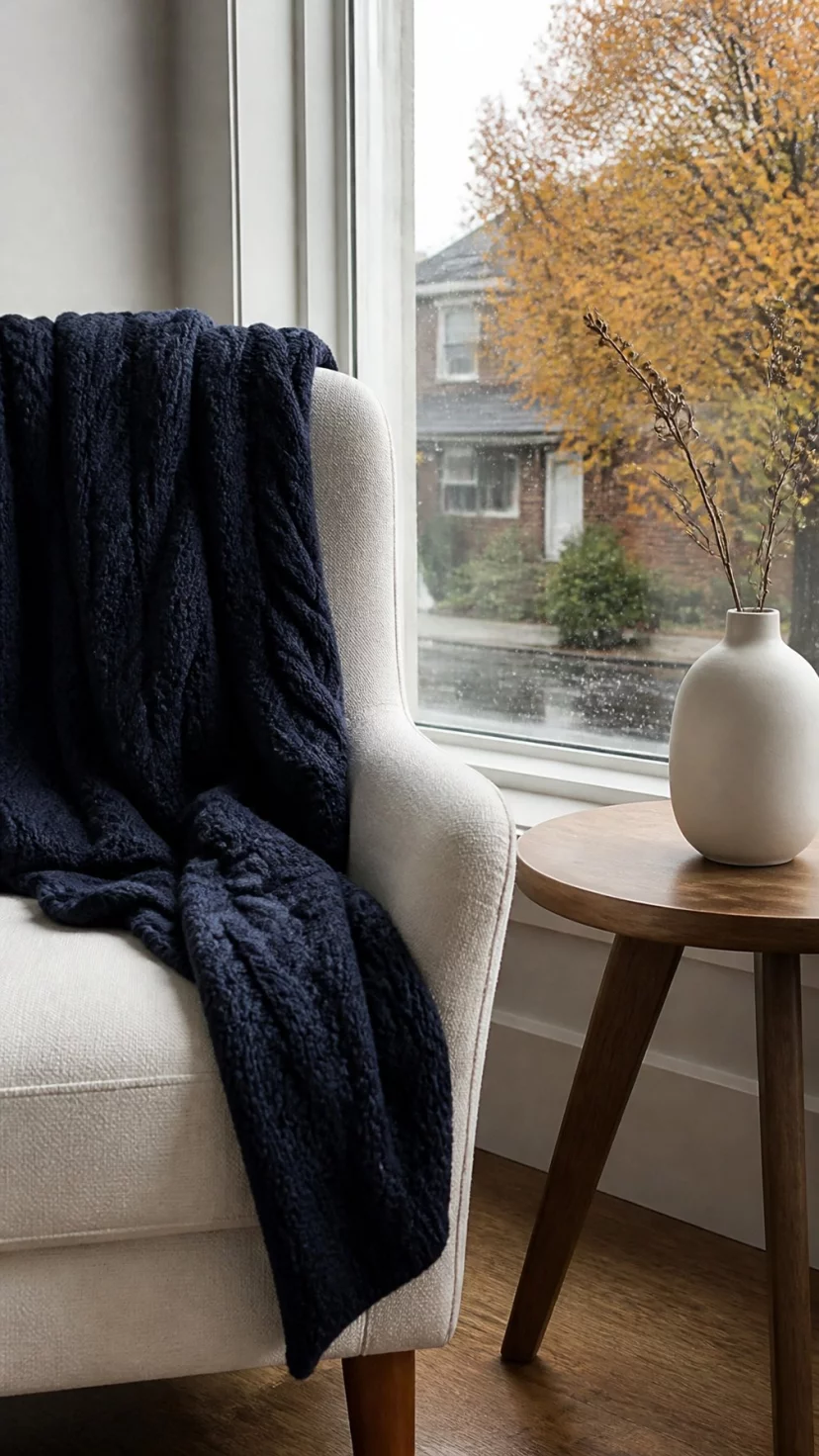 A super-realistic photo of a modern white armchair with a thick navy blue cable knit throw blanket draped over the back, a round wooden side table holds a white ceramic vase with a single dried branch, a large window reveals a rainy autumn afternoon, everyday social media post aesthetic, photorealistic, high-quality mobile photography, shot on an iPhone 14
