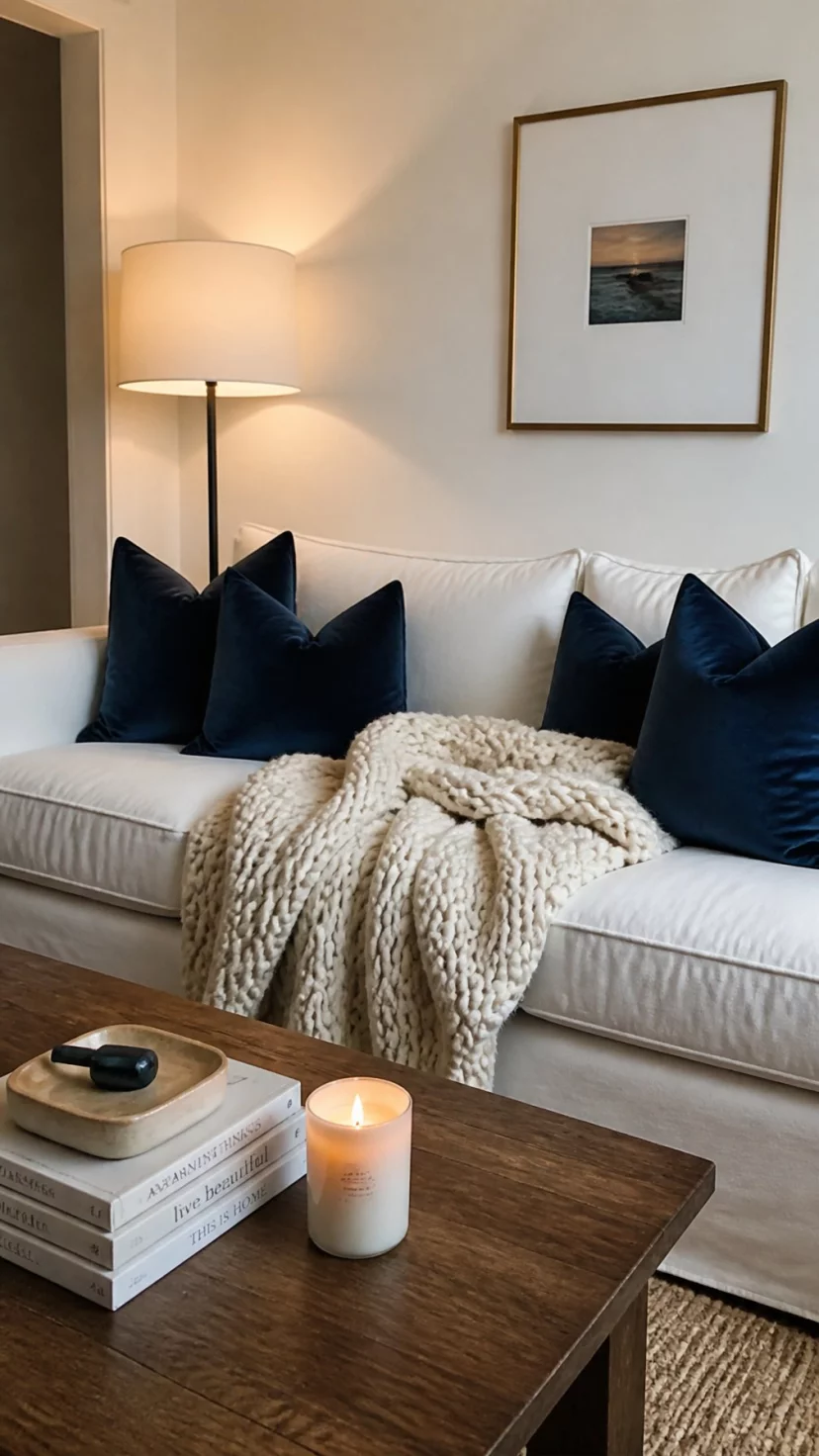 A super-realistic photo of a living room sofa with crisp white linen upholstery adorned with several plush navy blue velvet throw pillows and a chunky cream knit blanket, a wooden coffee table in front holds a stack of books and a white candle, the warm glow of a floor lamp creates a cozy atmosphere in the corner, everyday social media post aesthetic, photorealistic, high-quality mobile photography, shot on an iPhone 14
