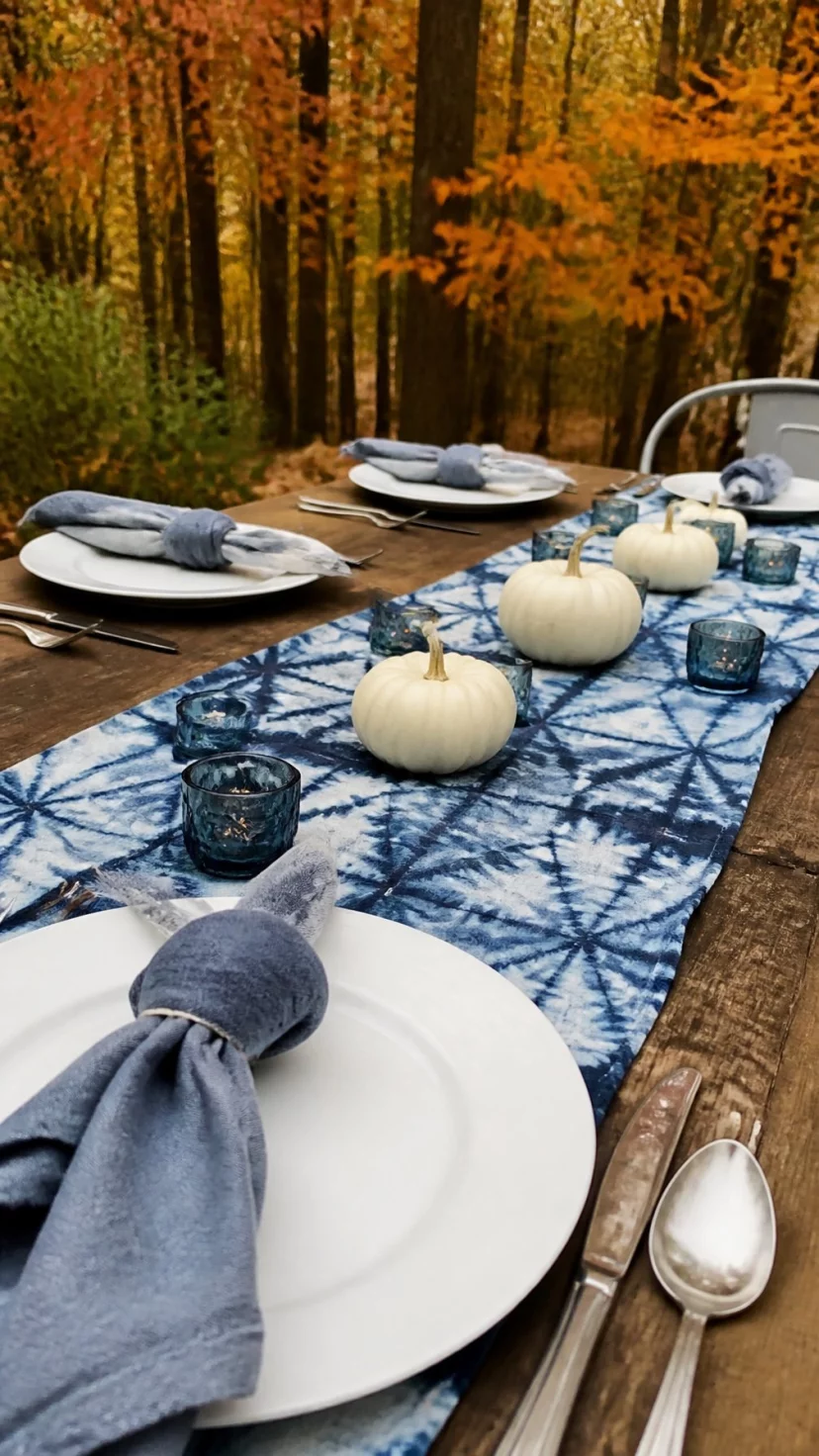 A super-realistic photo of a rustic outdoor table with a hand dyed indigo shibori table runner, white ceramic plates and simple silverware are neatly arranged, a few small white pumpkins and blue glass votives are scattered along the runner, trees with orange leaves are visible in the background, everyday social media post aesthetic, photorealistic, high-quality mobile photography, shot on an iPhone 14