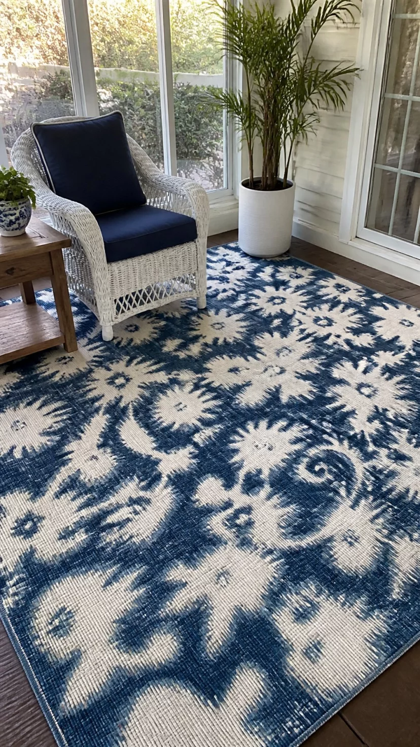 A super-realistic photo of a sunroom floor featuring a large indigo and white ikat patterned area rug, a white wicker chair with a navy cushion sits on the rug next to a small wooden table, a large potted plant in the corner adds a touch of green, everyday social media post aesthetic, photorealistic, high-quality mobile photography, shot on an iPhone 14
