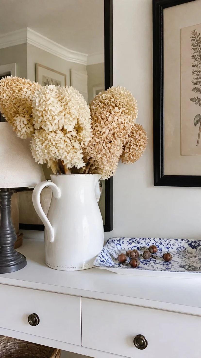 A super-realistic photo of a white sideboard holding a large white ceramic pitcher filled with oversized dried white hydrangea blooms, the flowers have a soft cream and tan tint, a blue and white patterned tray sits next to the pitcher with a few scattered acorns, everyday social media post aesthetic, photorealistic, high-quality mobile photography, shot on an iPhone 14