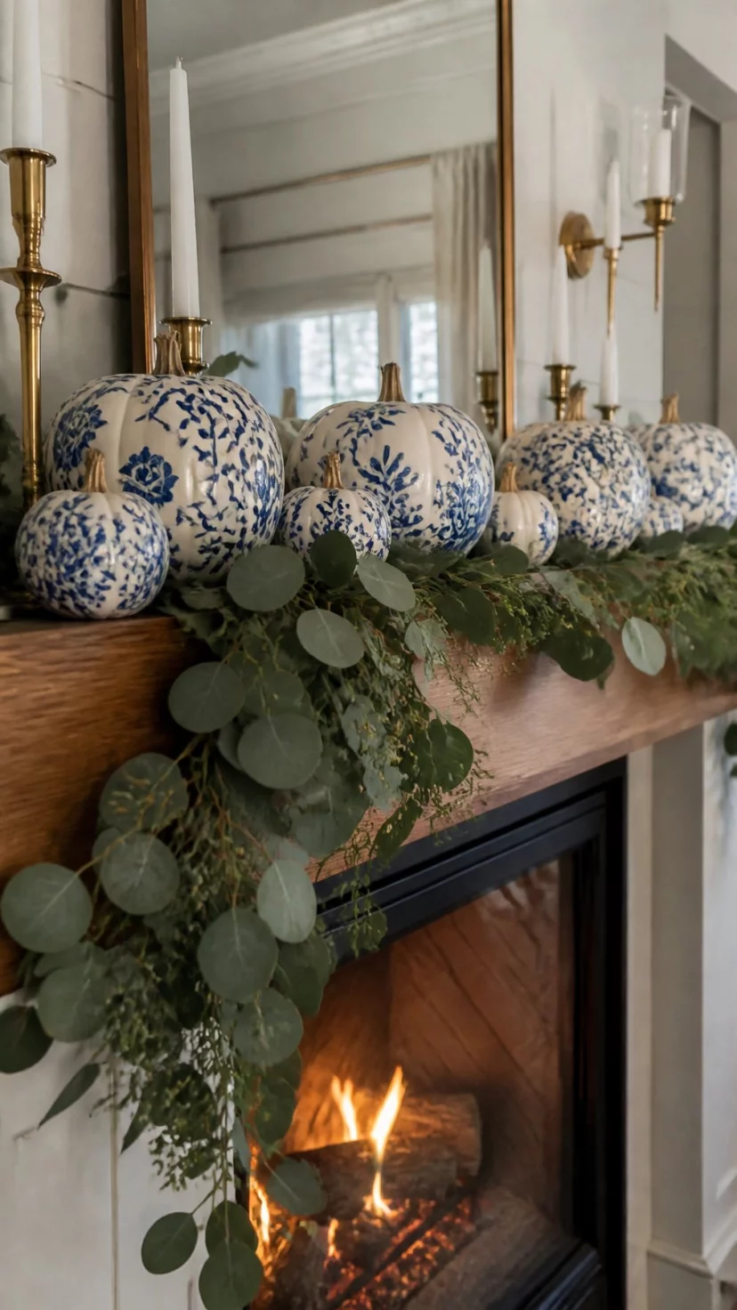 A super-realistic photo of a wooden mantelpiece decorated with various sizes of white pumpkins featuring hand painted blue chinoiserie floral patterns, a thick eucalyptus garland drapes across the edge of the mantel alongside brass candlesticks, a fireplace below glows with a gentle orange flame, everyday social media post aesthetic, photorealistic, high-quality mobile photography, shot on an iPhone 14