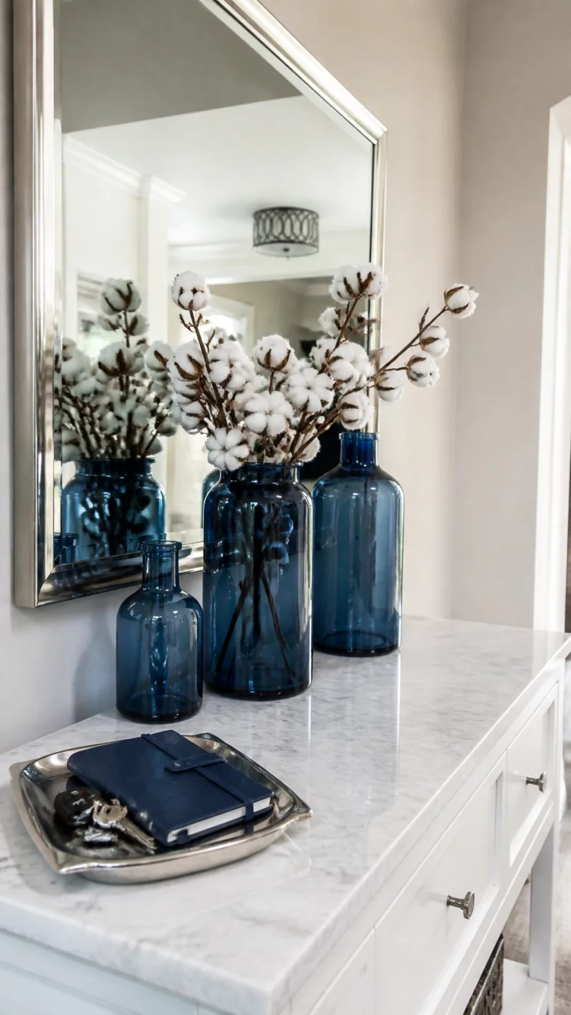 A super-realistic photo of a hallway console table holding several translucent cobalt blue glass vases of varying heights filled with fluffy white cotton stems, a silver framed mirror hangs on the wall behind reflecting the bright airy space, a small tray holds keys and a blue leather notebook, everyday social media post aesthetic, photorealistic, high-quality mobile photography, shot on an iPhone 14