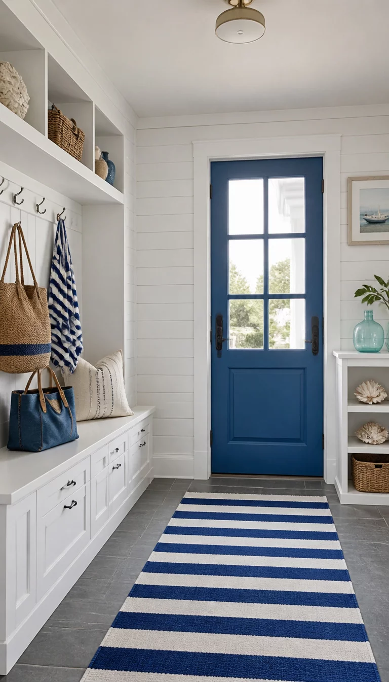 A realistic photo of a bright coastal mudroom with white cabinets, a bold blue entry door, a blue and white striped area rug, and sea shells and beach themed decor on the shelves.