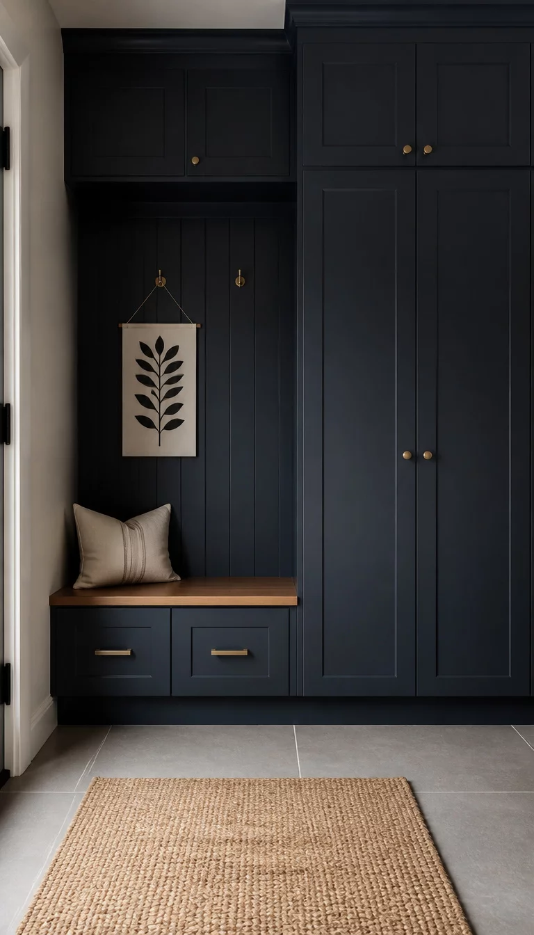 A realistic photo of a modern dark navy mudroom with a sleek built-in bench and smooth storage cabinets, featuring a single decorative wall hanging and minimalist hardware.