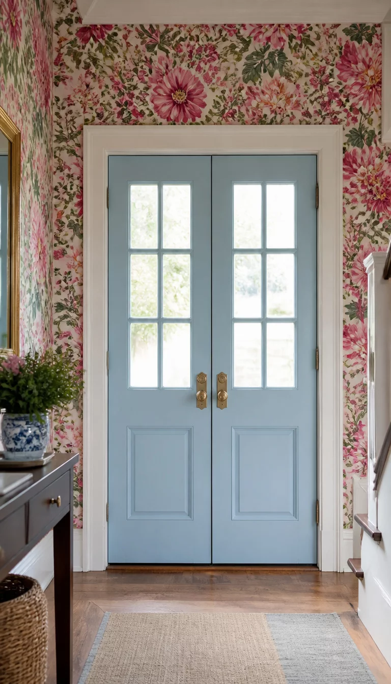 A realistic photo of an entryway with light blue double doors surrounded by vibrant floral wallpaper in shades of pink and green, with small window panes on the doors reflecting the light.