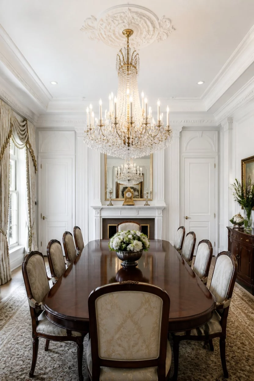 A realistic photo of an ornate formal dining room featuring a long table, upholstered chairs, extensive white millwork, and a massive crystal chandelier.