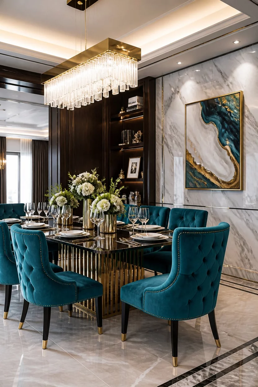 A realistic photo of a contemporary dining room defined by marble walls, dark wood paneling, gold accents, and rich teal velvet dining chairs.