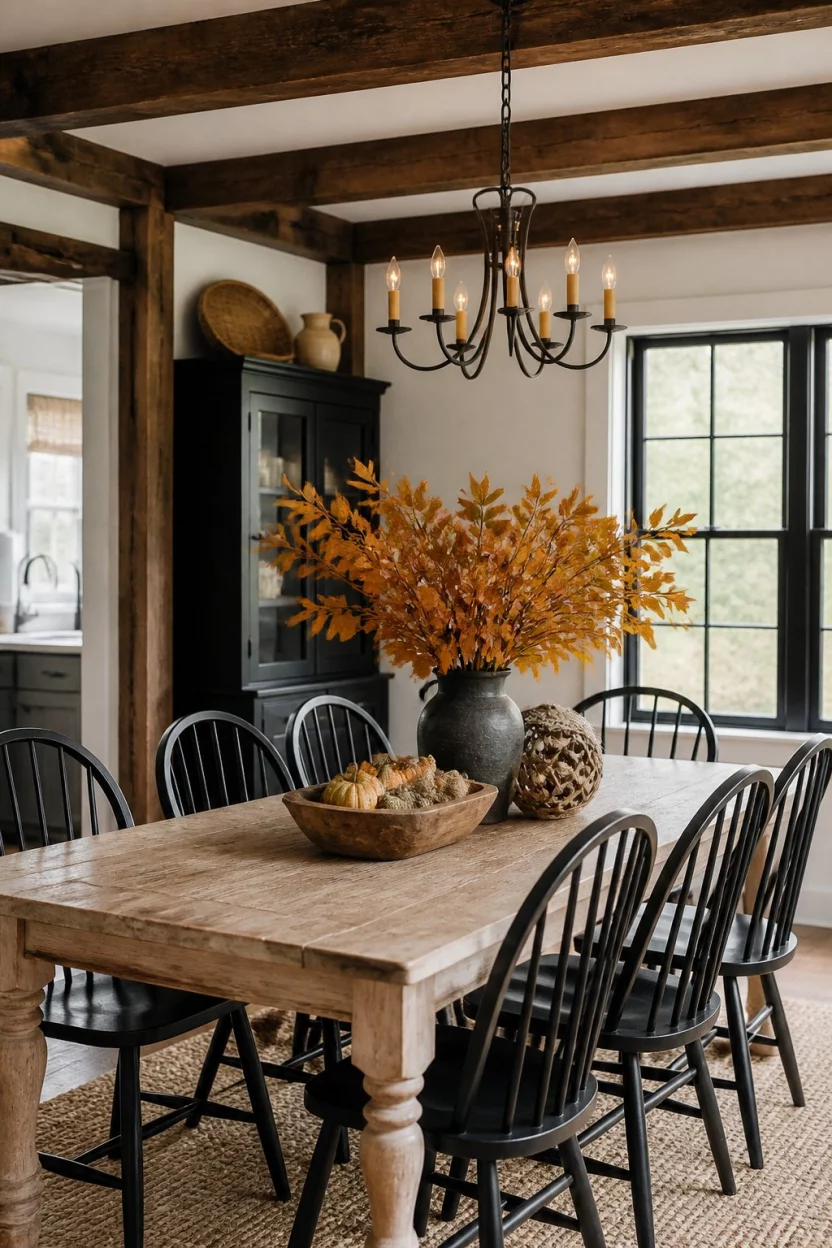 A realistic photo of a rustic farmhouse dining room featuring dark wooden beams, a distressed light wood table centerpiece with orange autumn foliage, and black Windsor chairs.