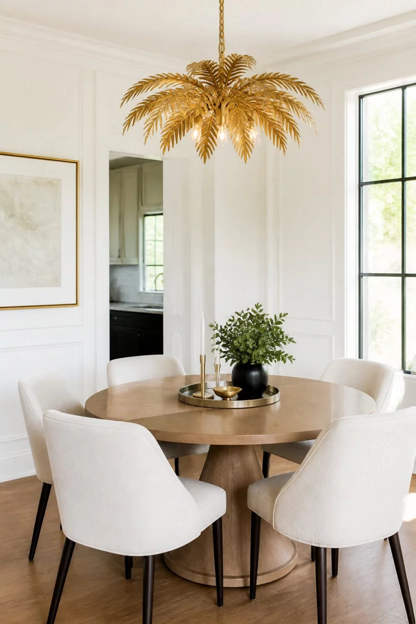 A realistic photo of a bright, intimate dining area with white walls, a round wooden table, light-colored upholstered chairs, and a gold palm-frond chandelier.