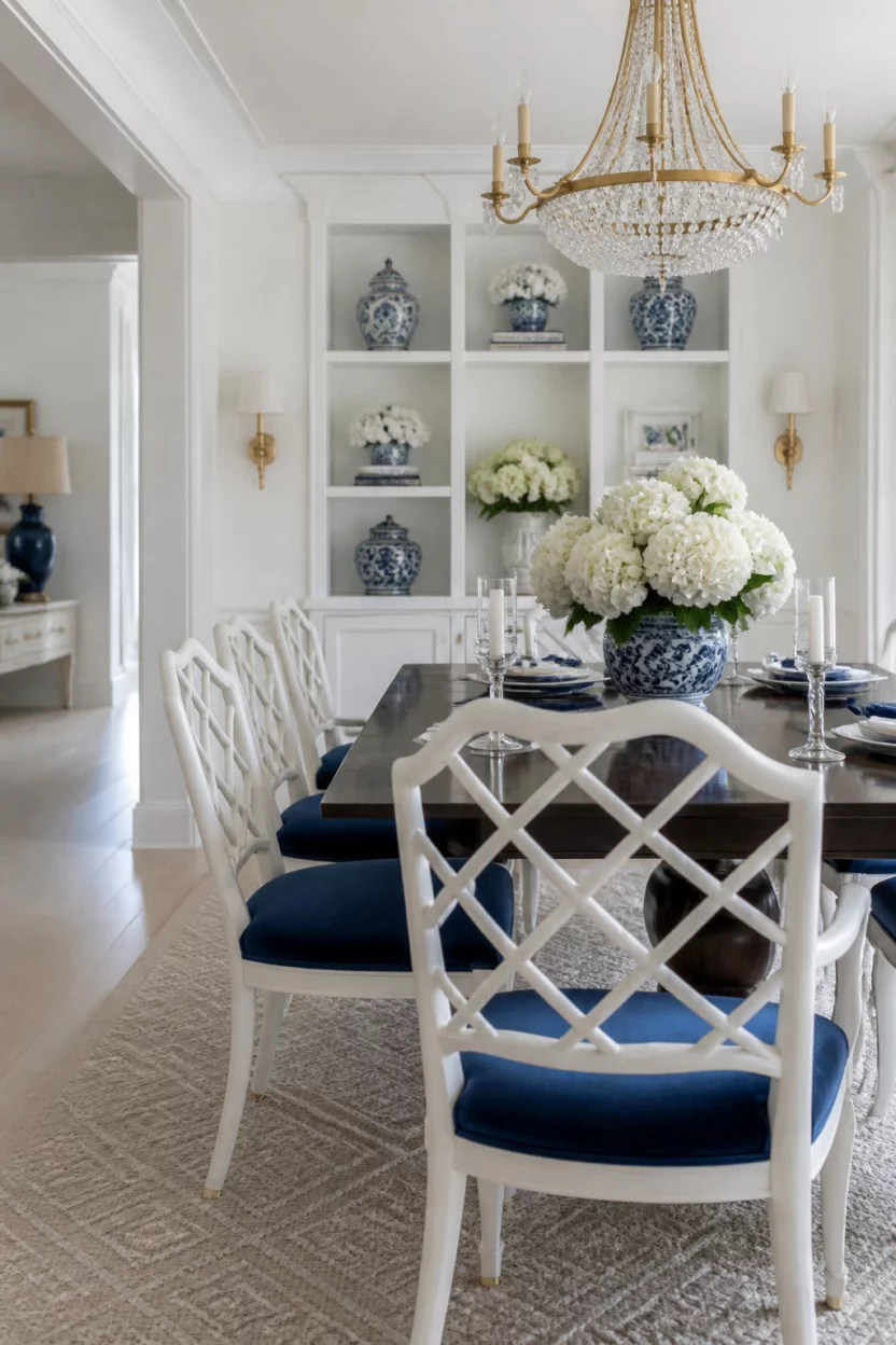 A realistic photo of a bright dining area featuring lattice back white chairs, blue velvet seat cushions, white built-ins, and white floral arrangements.