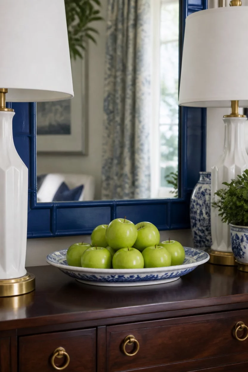 A realistic photo of a close-up of a dark wood buffet topped with a blue and white chinoiserie plate holding green apples, flanked by white lamps and framed by a blue mirror.