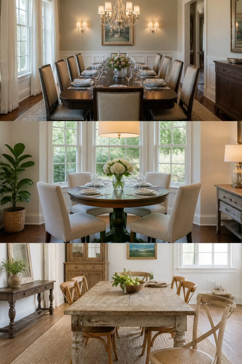 A realistic photo showing a composite of three dining settings: a formal long table, an intimate round table, and a rustic distressed table in different rooms.