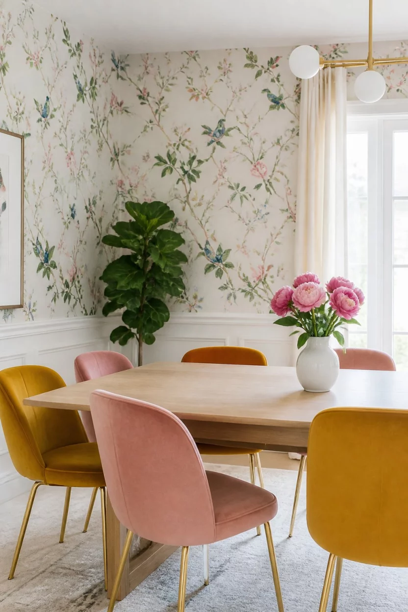 A realistic photo of a bright, playful dining room with bird and floral wallpaper, a pale wood table, and a mix of mustard yellow and blush pink velvet chairs.