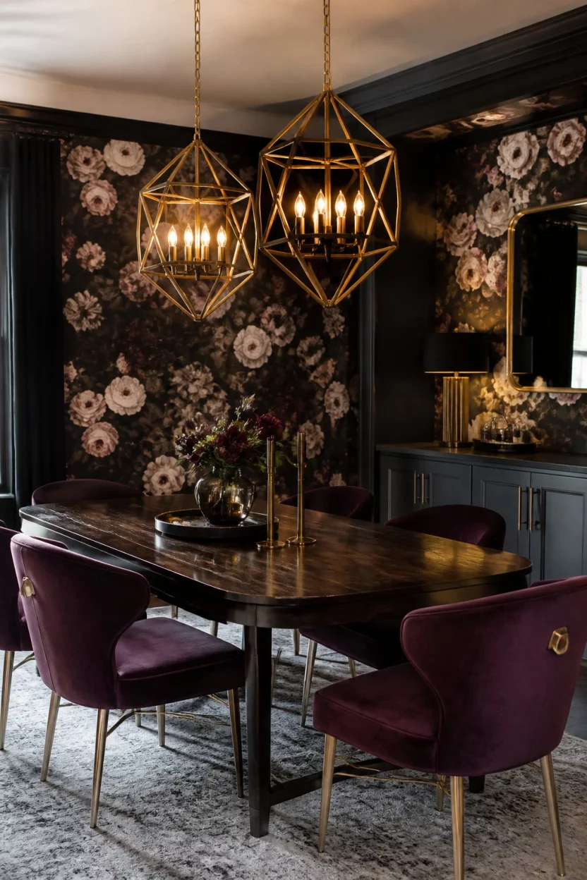 A realistic photo of a moody, intimate dining space featuring dark floral wallpaper, plum velvet chairs, geometric bronze chandeliers, and a dark wood oval table.