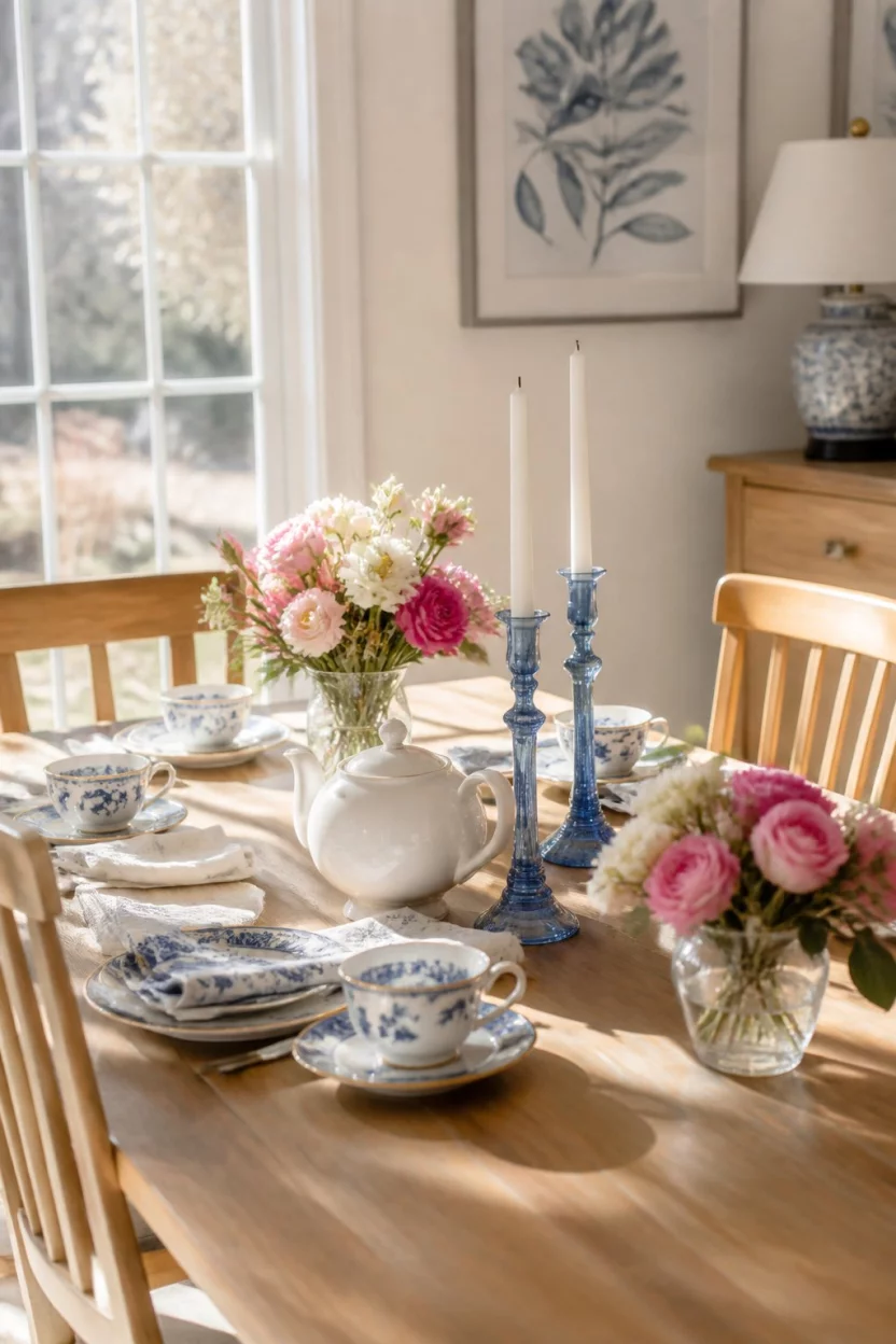 A realistic photo of a bright dining scene set for tea with light wooden furniture, a white teapot, floral accents, and blue candlestick holders on a sunny afternoon.